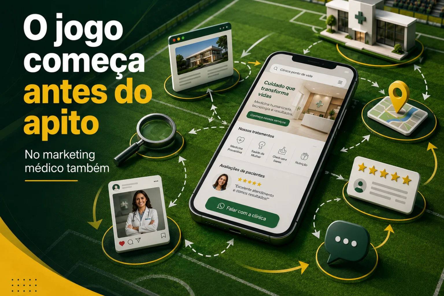 Marketing médico comparado à estratégia de um jogo de futebol antes do apito inicial.