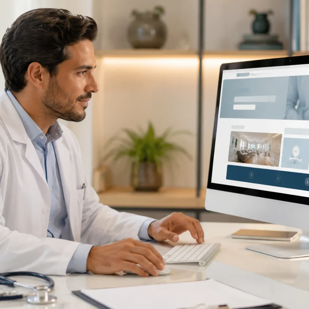 Site para médicos em tela de computador, com layout profissional em consultório moderno para fortalecer a presença digital e a confiança dos pacientes.