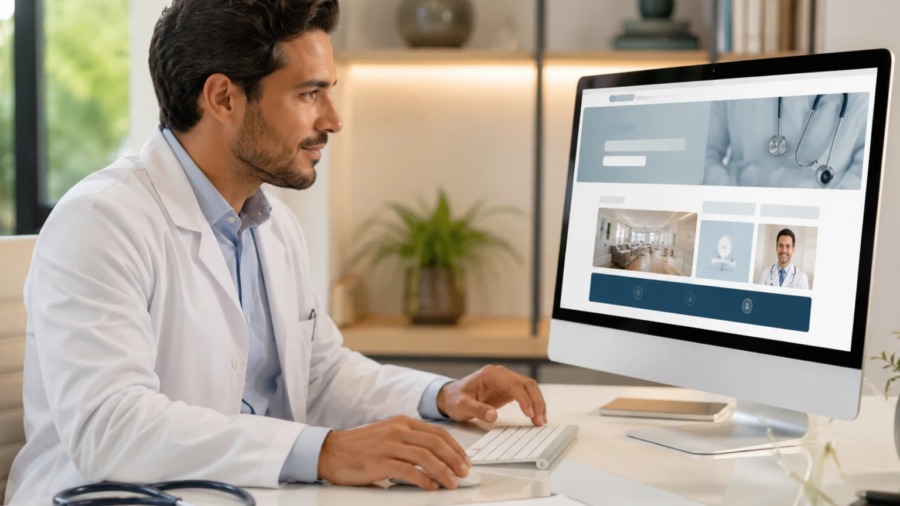 Site para médicos em tela de computador, com layout profissional em consultório moderno para fortalecer a presença digital e a confiança dos pacientes.