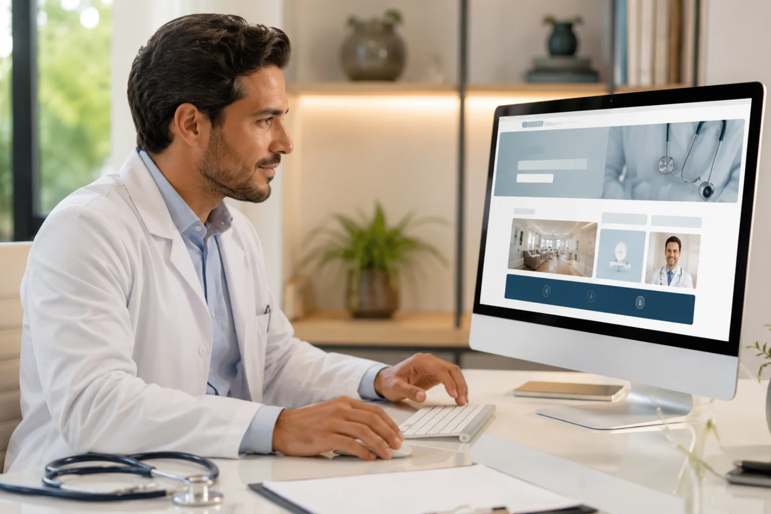 Site para médicos em tela de computador, com layout profissional em consultório moderno para fortalecer a presença digital e a confiança dos pacientes.
